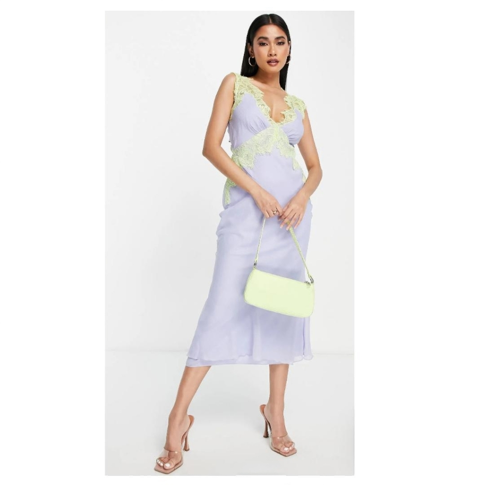 New Lace Trim Bias Cut Chiffon Midi Slip Dress